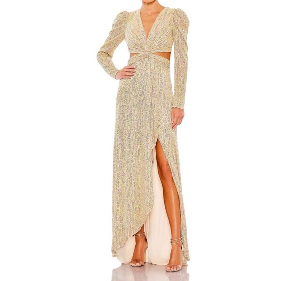 leena Mac Duggal Metallic Gold Multicolor Puff Sleeve Front Twist Cut-Out Gown